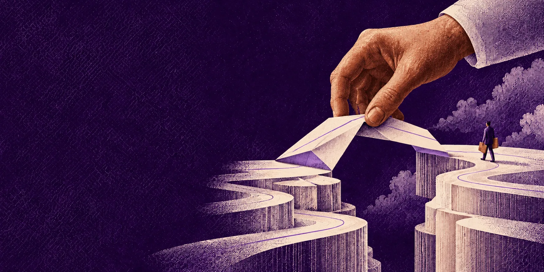 Una mano construye un puente de papel entre dos caminos: del criterio a la práctica.